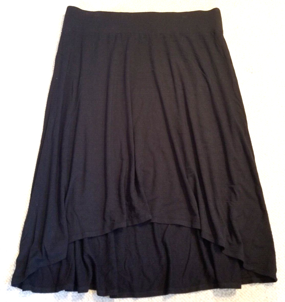 Womens Skirt-COLDWATER CREEK-black flowy knit hi-lo pull-on Festival-L (14)